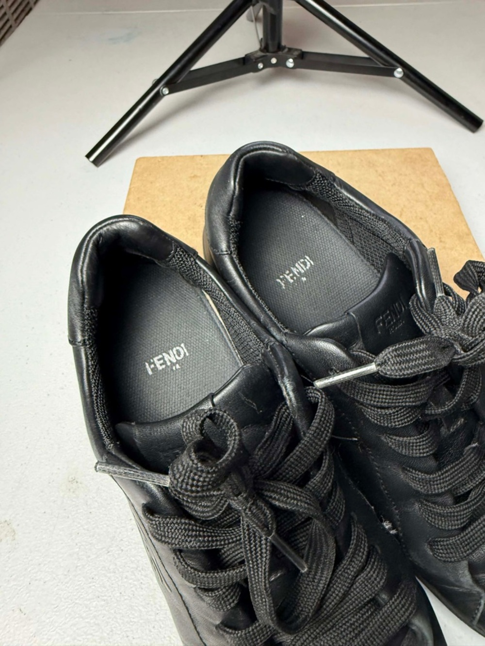 Used FENDI FF Embossed Black Leather Sneakers Sz 37.5 / US 7.5 - Picture 11 of 13